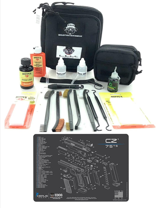RangeMaster Elite EDC Bag Gun Cleaning Kit- Compatible for CZ 75 TS - Schematic Mat (Exploded View) with Hoppes Gun Oil No.9 Solvent & Patches Clenzoil CLP 10 Pc Cleaning Accessories Set
