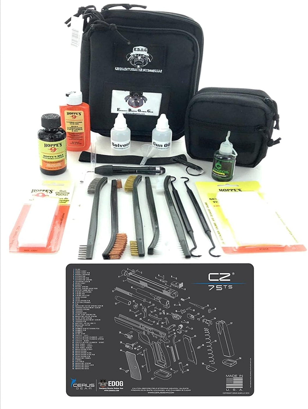 RangeMaster Elite EDC Bag Gun Cleaning Kit- Compatible for CZ 75 TS - Schematic Mat (Exploded View) with Hoppes Gun Oil No.9 Solvent & Patches Clenzoil CLP 10 Pc Cleaning Accessories Set