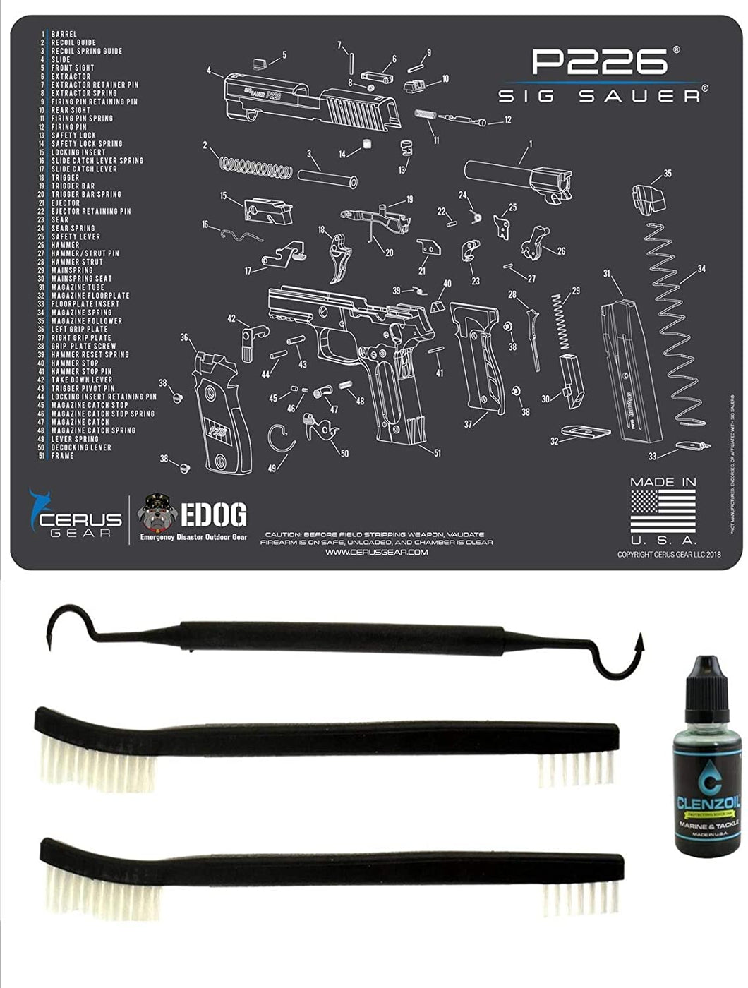 EDOG SIG P226 5 PC Cerus Gear Schematic (Exploded View) Heavy Duty Pistol Cleaning 12x17 Padded Gun-Work Surface Protector Mat Solvent & Oil Resistant & 3 PC Cleaning Essentials & Clenzoil