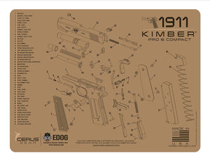 EDOG Gunslinger 20 PC Gun Cleaning Kit - Pistol Mat Compatible with Kimber 1911 Compact & Pro - Tan - Schematic (Exploded View) Mat, Gunslinger Universal .22 .38 .357 9mm .40 & .45 Caliber Kit