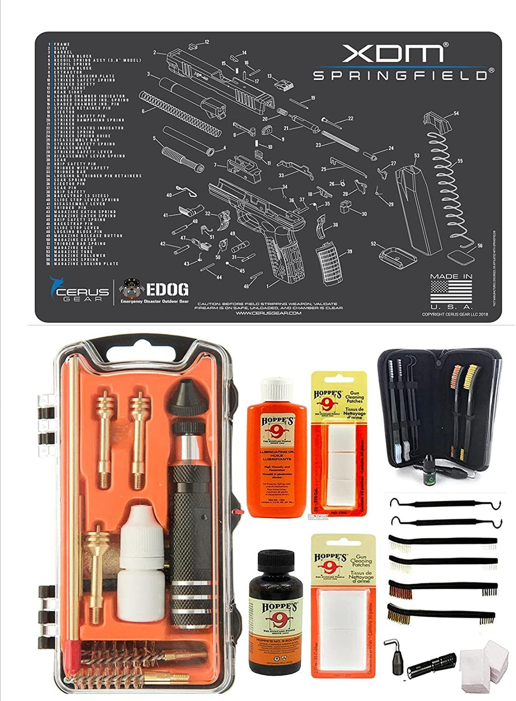 EDOG USA Outlaw 28 Pc Pistol Cleaning Kit - Compatible for Springfield Armory XDM - Schematic (Exploded View) Mat, Calibers 9MM to .45 & Tac Pak Pistol Cleaning Essentials Kit