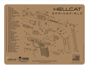 RangeMaster Elite EDC Bag Gun Cleaning Kit- Compatible for Springfield Armory Hellcat - Tan - Schematic Mat (Exploded View) with Hoppes Gun Oil No.9 Solvent & Patches Clenzoil CLP & 10PC Accessories