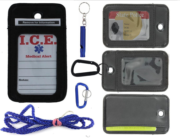 EDOG I.C.E. Lost Child & Medical Alert Parent Locator Neck Wallet | Lanyard | Key Chain | Carabiner | I.C.E. Cards | Leather | Emergency Contacts | Medical | Allergy | Meds | Language