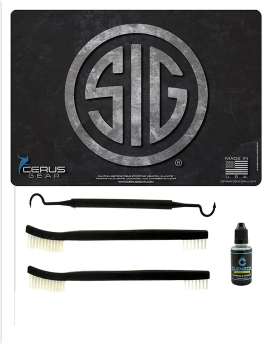 EDOG SIG Logo 5 PC Cerus Gear Heavy Duty Pistol Cleaning 12x17 Padded Gun-Work Surface Protector Mat Solvent & Oil Resistant & 3 PC Cleaning Essentials & Clenzoil, Made in The USA