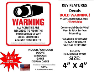 4 Security Camera Video Surveillance System Decal Stickers 4" x 4" CCTV Warning Sticker Decals Commercial Grade Scratch & Fade Resistant – Surface Mounting to Your Windows Doors & Gates