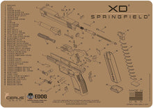 Load image into Gallery viewer, EDOG XD Tan Flat Dark Earth 5 PC Schematic (Exploded View) Heavy Duty Pistol Cleaning 12x17 Padded Gun-Work Surface Protector Mat Solvent &amp; Oil Resistant &amp; 3 PC Cleaning Essentials &amp; Clenzoil