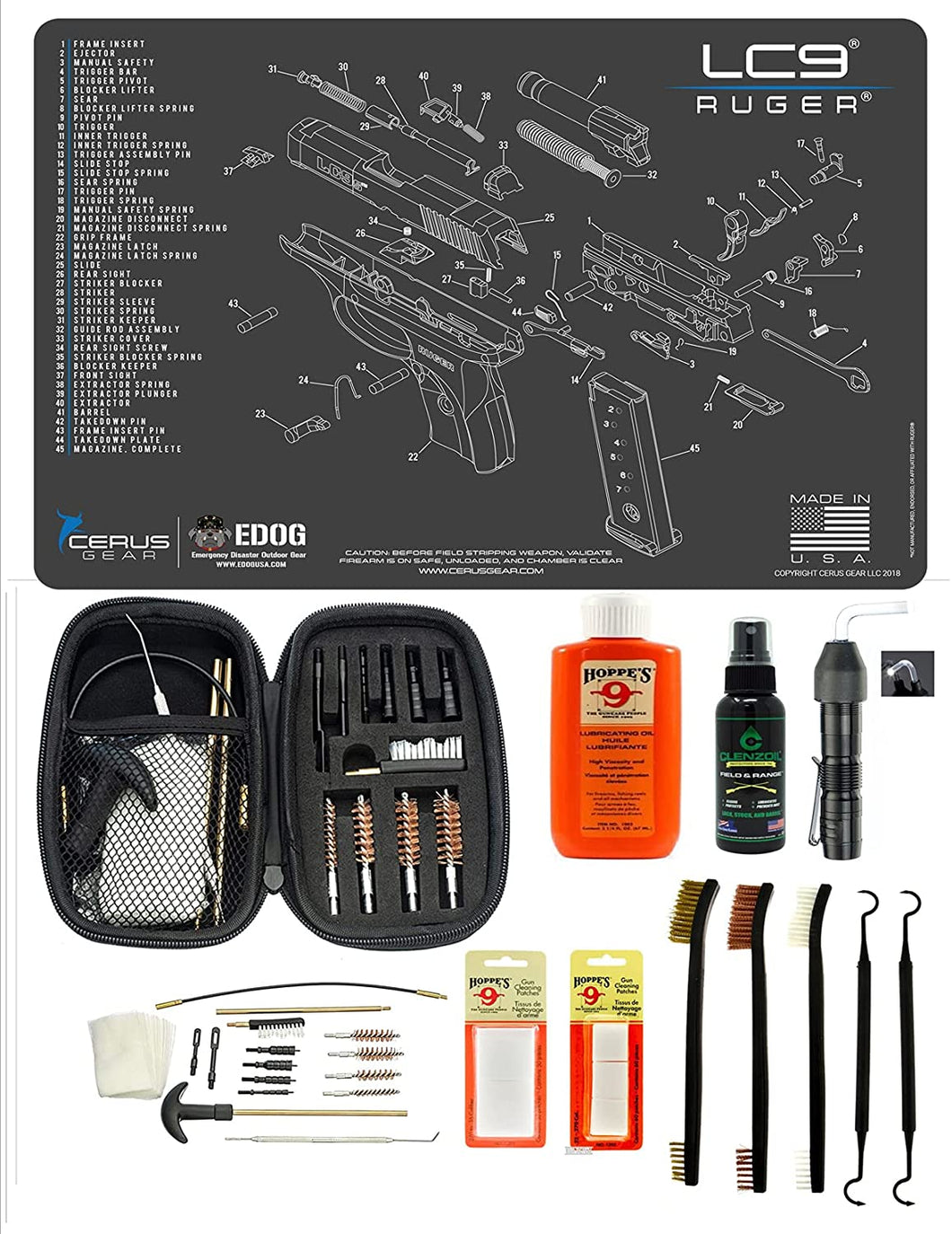 EDOG USA BANDIT 29 Pc Pistol Cleaning System - Compatible with Ruger LC9 - Schematic (Exploded View) Mat, Range Warrior Universal .22 9mm - .45 Kit & Clenzoil CLP & Hoppes Gun Oil & Patchs