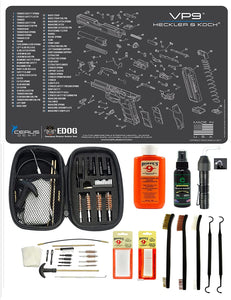 EDOG USA BANDIT 29 Pc Pistol Cleaning System - Compatible with Heckler & Koch HK VP9 - Schematic (Exploded View) Mat, Range Warrior Universal .22 9mm - .45 Kit & Clenzoil CLP & Hoppes Gun Oil & Patchs