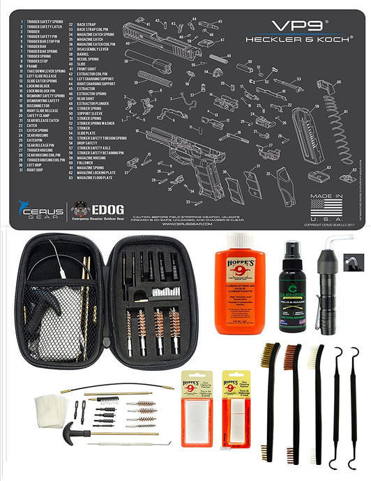 EDOG USA BANDIT 29 Pc Pistol Cleaning System - Compatible with Heckler & Koch HK VP9 - Schematic (Exploded View) Mat, Range Warrior Universal .22 9mm - .45 Kit & Clenzoil CLP & Hoppes Gun Oil & Patchs