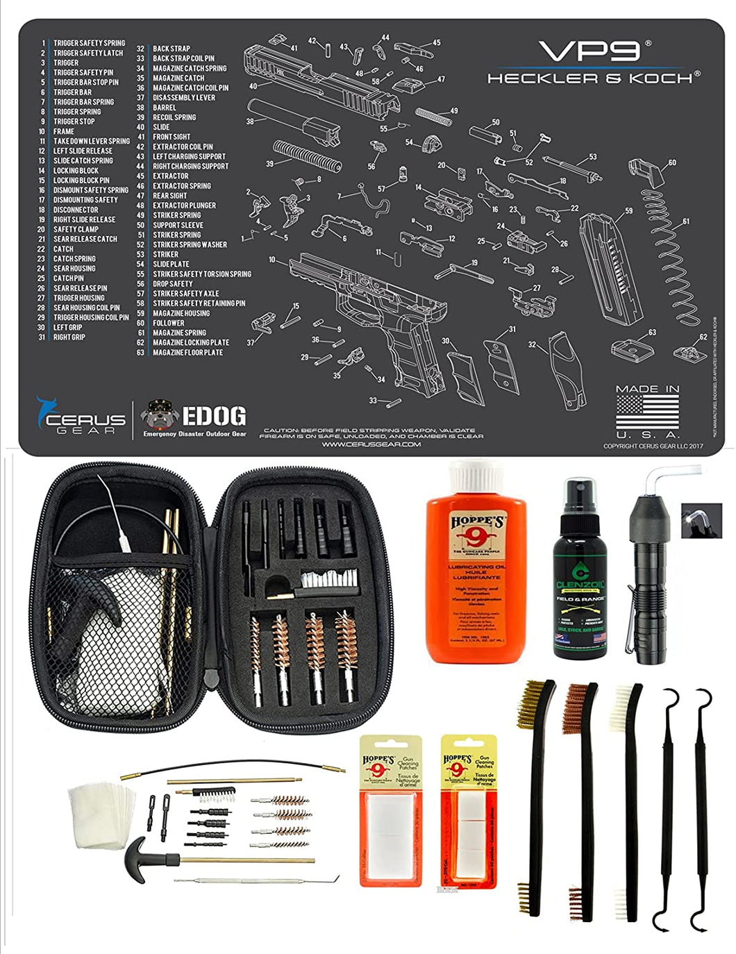 EDOG USA BANDIT 29 Pc Pistol Cleaning System - Compatible with Heckler & Koch HK VP9 - Schematic (Exploded View) Mat, Range Warrior Universal .22 9mm - .45 Kit & Clenzoil CLP & Hoppes Gun Oil & Patchs