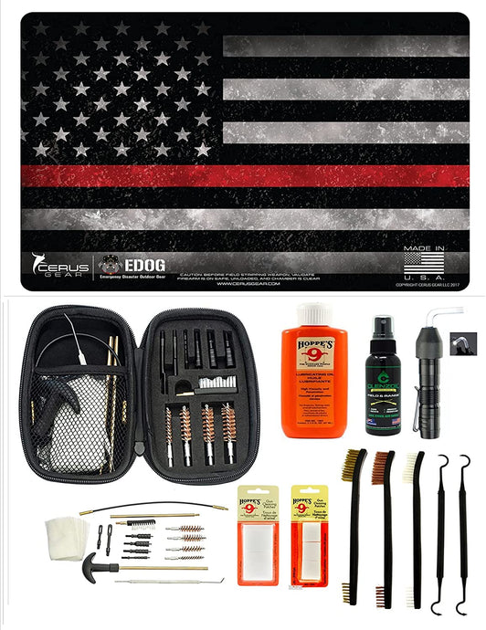 EDOG USA BANDIT 29 Pc Pistol Cleaning System - Thin Red Line Fire Fighters Handgun Honor & Pride Pistol Mat & Range Warrior .22 .38 .357 9MM .45 Gun Cleaning Kit & 12 PC Tac Book Cleaning Essentials Kit