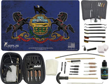 Load image into Gallery viewer, EDOG Premier 30 Pc Gun Cleaning System - Pennsylvania State Flag Handgun Honor &amp; Pride Pistol Mat &amp; Range Warrior .22 .38 .357 9MM .45 Gun Cleaning Kit &amp; 12 PC Tac Book Cleaning Essentials Kit