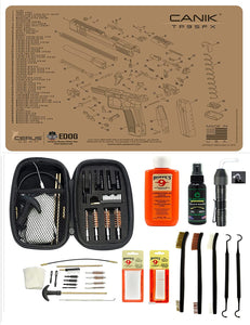 EDOG USA BANDIT 29 Pc Pistol Cleaning System - Compatible with Canik TP9 - Tan - Schematic (Exploded View) Mat, Range Warrior Universal .22 9mm - .45 Kit & Clenzoil CLP & Hoppes Gun Oil & Patchs