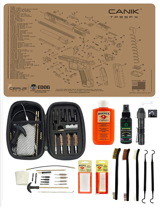 EDOG USA BANDIT 29 Pc Pistol Cleaning System - Compatible with Canik TP9 - Tan - Schematic (Exploded View) Mat, Range Warrior Universal .22 9mm - .45 Kit & Clenzoil CLP & Hoppes Gun Oil & Patchs