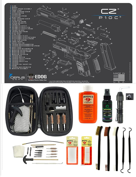 EDOG USA BANDIT 29 Pc Pistol Cleaning System - Compatible with CZ P-10C - Schematic (Exploded View) Mat, Range Warrior Universal .22 9mm - .45 Kit & Clenzoil CLP & Hoppes Gun Oil & Patchs