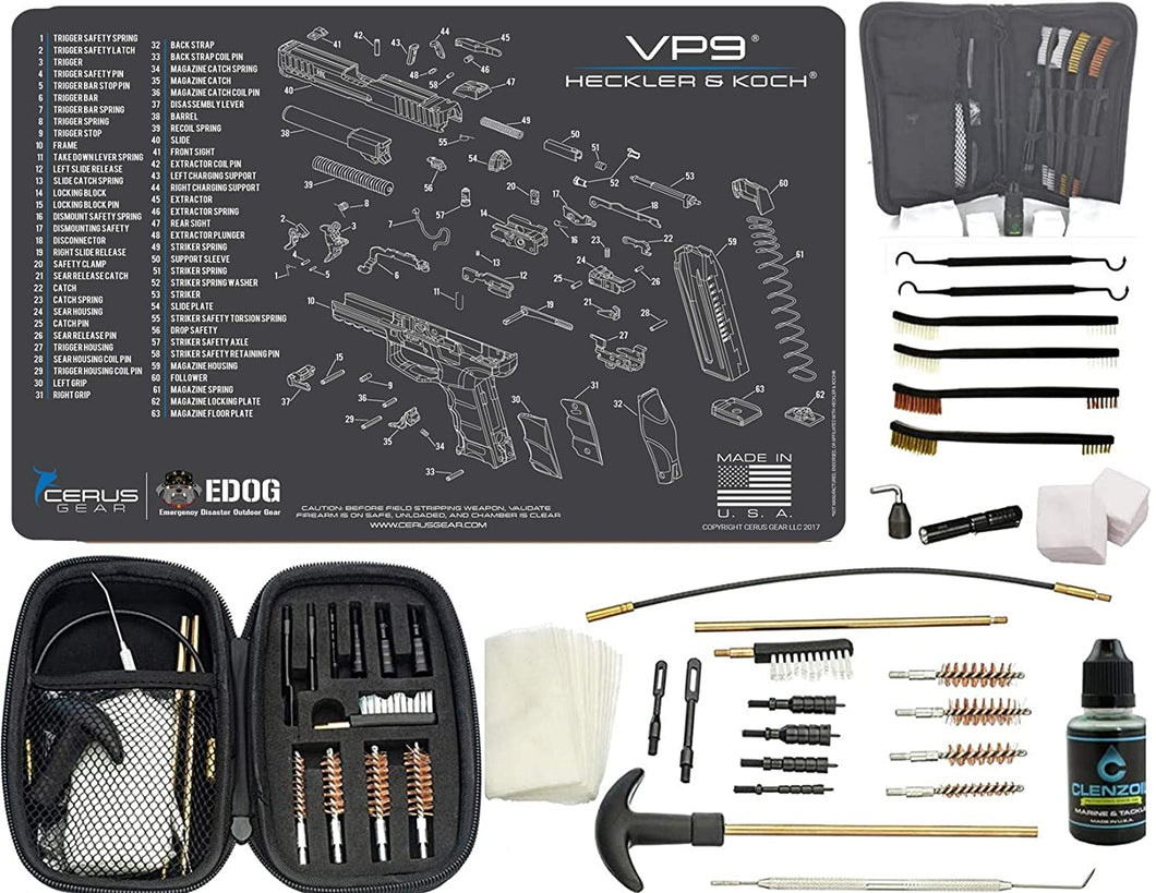 EDOG Premier 30 Pc Gun Cleaning System - Compatible with Heckler & Koch HK VP9 - Schematic (Exploded View) Mat, Range Warrior Universal .22 9mm - .45 Kit & Tac Book Accessories Set