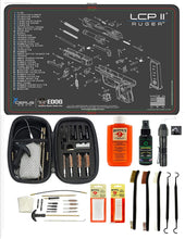 Load image into Gallery viewer, EDOG USA BANDIT 29 Pc Pistol Cleaning System - Compatible with Ruger LCP II - Schematic (Exploded View) Mat, Range Warrior Universal .22 9mm - .45 Kit &amp; Clenzoil CLP &amp; Hoppes Gun Oil &amp; Patchs