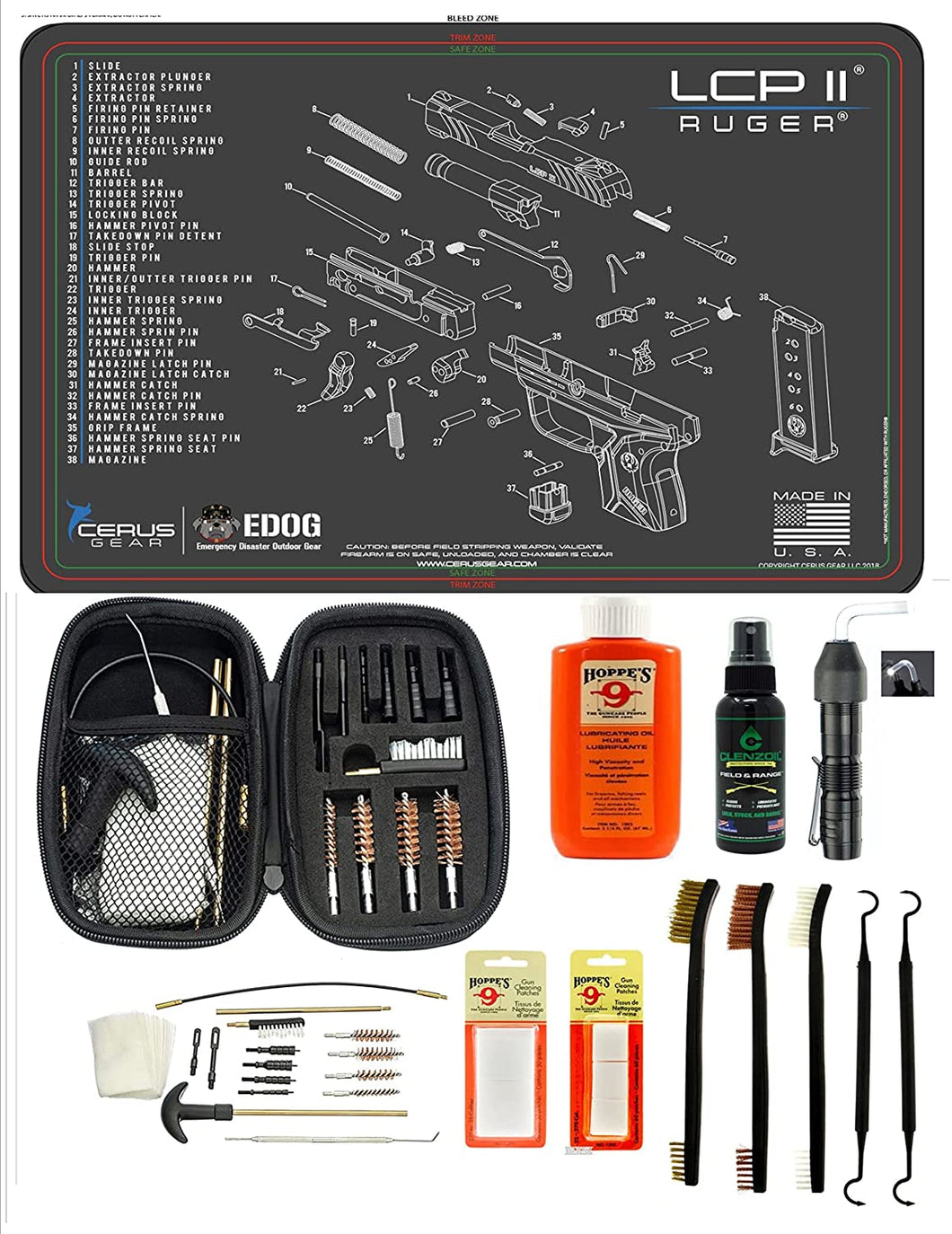 EDOG USA BANDIT 29 Pc Pistol Cleaning System - Compatible with Ruger LCP II - Schematic (Exploded View) Mat, Range Warrior Universal .22 9mm - .45 Kit & Clenzoil CLP & Hoppes Gun Oil & Patchs
