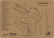 Load image into Gallery viewer, EDOG Canik TP9 Tan Flat Dark Earth 5 PC Schematic (Exploded View) Heavy Duty Pistol Cleaning 12x17 Padded Gun-Work Surface Protector Mat Solvent &amp; Oil Resistant &amp; 3 PC Cleaning Essentials &amp; Clenzoil