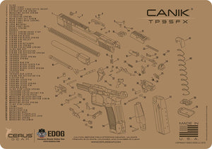 EDOG Canik TP9 Tan Flat Dark Earth 5 PC Schematic (Exploded View) Heavy Duty Pistol Cleaning 12x17 Padded Gun-Work Surface Protector Mat Solvent & Oil Resistant & 3 PC Cleaning Essentials & Clenzoil
