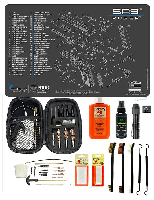 EDOG USA BANDIT 29 Pc Pistol Cleaning System - Compatible with Ruger SR9 - Schematic (Exploded View) Mat, Range Warrior Universal .22 9mm - .45 Kit & Clenzoil CLP & Hoppes Gun Oil & Patchs