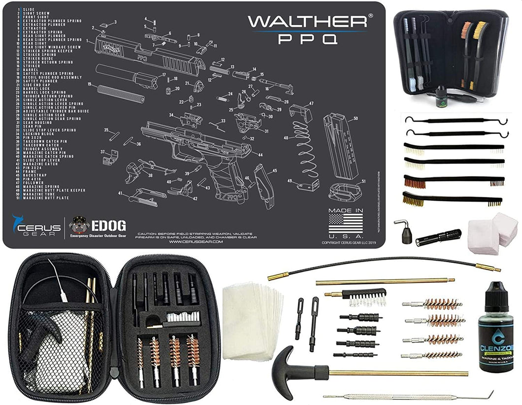 EDOG Walther PPQ (Exploded View) PPistol Cleaning Mat & Range Warrior Handgun Cleaning Kit & E.D.O.G. Tac Pak Cleaning Essentials