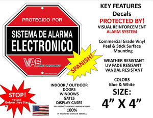 4 Home Security Alarm System Window SPANISH Warning Decal Stickers - 4x4 In. Surface Mount Commercial Grade Vinyl Scratch & Fade Resistant Window Door Display Case Burglar Deterrence Sticker Decals