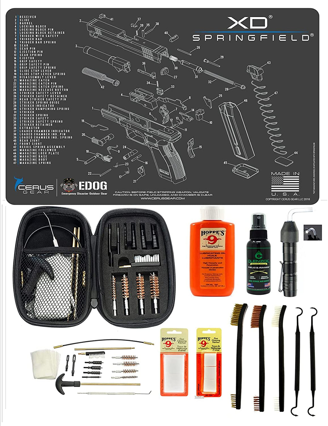 EDOG USA BANDIT 29 Pc Pistol Cleaning System - Compatible with Springfield Armory XD - Schematic (Exploded View) Mat, Range Warrior Universal .22 9mm - .45 Kit & Clenzoil CLP & Hoppes Gun Oil & Patchs