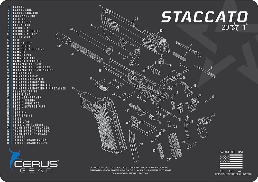 2011 Staccaro Gun Cleaning Mat - Schematic (Exploded View) Diagram Compatible for Staccatpo Pistol 3 mm Padded Pad Protect Your Firearm Magazines Bench Surfaces Gun Oil Solvent Resistant