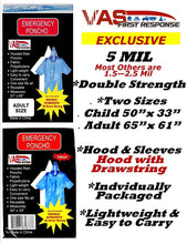 Load image into Gallery viewer, VAS First Response Rain Poncho | 4 Pack | 5 Mil Double Strength Hood | 3mil | Adult &amp; Child Sizes
