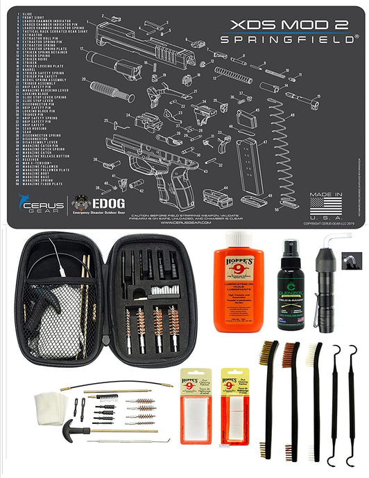 EDOG USA BANDIT 29 Pc Pistol Cleaning System - Compatible with Springfield Armory XD Mod 2 - Schematic (Exploded View) Mat, Range Warrior Universal .22 9mm - .45 Kit & Clenzoil CLP & Hoppes Gun Oil & Patchs