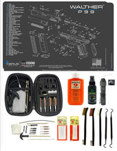 Load image into Gallery viewer, EDOG USA BANDIT 29 Pc Pistol Cleaning System - Compatible with Walther P99 - Schematic (Exploded View) Mat, Range Warrior Universal .22 9mm - .45 Kit &amp; Clenzoil CLP &amp; Hoppes Gun Oil &amp; Patchs