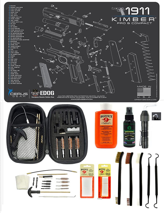 EDOG USA BANDIT 29 Pc Pistol Cleaning System - Compatible with Kimber 1911 PRO & Compact - Schematic (Exploded View) Mat, Range Warrior Universal .22 9mm - .45 Kit & Clenzoil CLP & Hoppes Gun Oil & Patchs