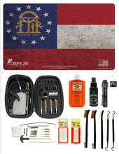 Load image into Gallery viewer, EDOG USA BANDIT 29 Pc Pistol Cleaning System - Georgia State Flag Handgun Honor &amp; Pride Pistol Mat &amp; Range Warrior .22 .38 .357 9MM .45 Gun Cleaning Kit &amp; &amp; Clenzoil CLP &amp; Hoppes Gun Oil &amp; Patchs