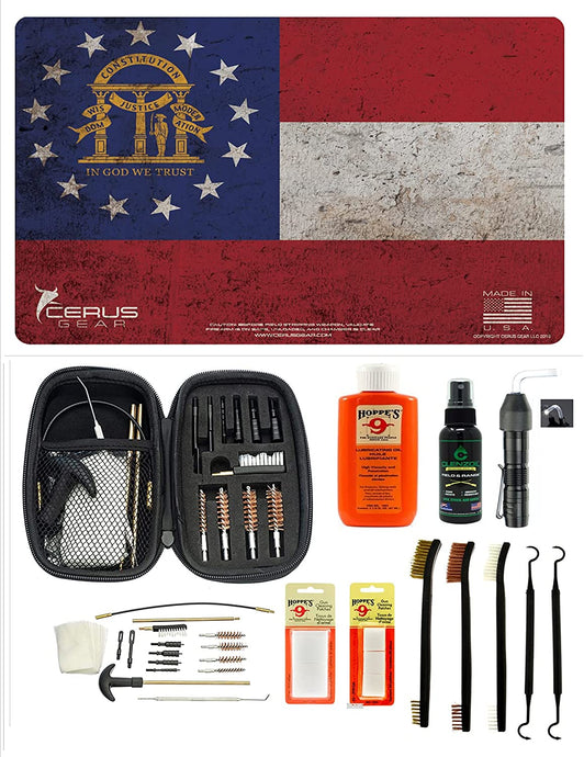 EDOG USA BANDIT 29 Pc Pistol Cleaning System - Georgia State Flag Handgun Honor & Pride Pistol Mat & Range Warrior .22 .38 .357 9MM .45 Gun Cleaning Kit & & Clenzoil CLP & Hoppes Gun Oil & Patchs