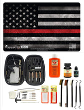 Load image into Gallery viewer, Range Warrior 27 Pc Gun Cleaning Kit - Thin Red Line Fire Fighters Handgun Pistol Mat  .22 .38 .357 9MM .45 Gun Cleaning Kit