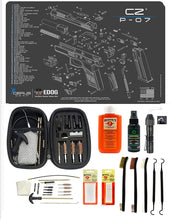 Load image into Gallery viewer, EDOG USA BANDIT 29 Pc Pistol Cleaning System - Compatible with CZ P-07 - Schematic (Exploded View) Mat, Range Warrior Universal .22 9mm - .45 Kit &amp; Clenzoil CLP &amp; Hoppes Gun Oil &amp; Patchs