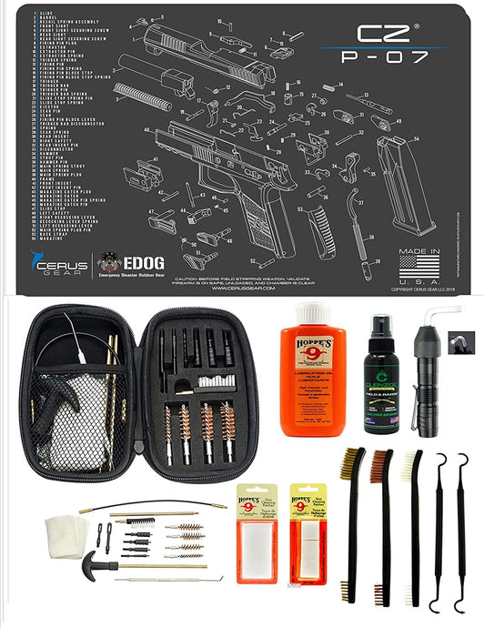 EDOG USA BANDIT 29 Pc Pistol Cleaning System - Compatible with CZ P-07 - Schematic (Exploded View) Mat, Range Warrior Universal .22 9mm - .45 Kit & Clenzoil CLP & Hoppes Gun Oil & Patchs