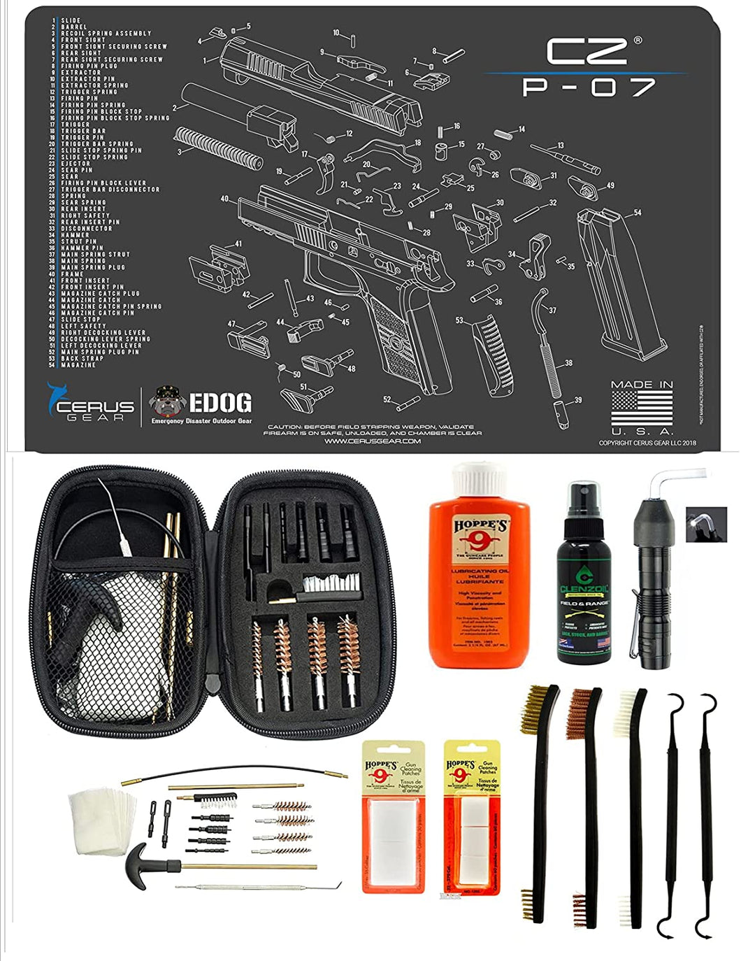 EDOG USA BANDIT 29 Pc Pistol Cleaning System - Compatible with CZ P-07 - Schematic (Exploded View) Mat, Range Warrior Universal .22 9mm - .45 Kit & Clenzoil CLP & Hoppes Gun Oil & Patchs