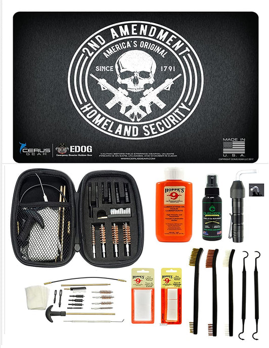EDOG USA BANDIT 29 Pc Pistol Cleaning System - 2nd Ammendment Honor & Pride Pistol ProMat, Range Warrior .22 .38 .357 9MM .45-20 PC & Clenzoil CLP & Hoppes Gun Oil & Patchs