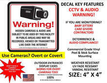 Load image into Gallery viewer, 4 Security Camera Video Surveillance System Decal Stickers 4&quot; x 4&quot; CCTV Live Internet Transmission Digital Recording &amp; Audio Deterrence Hidden Camera( Dummy Camera) Warning Sticker Decal