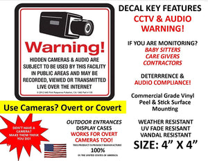 4 Security Camera Video Surveillance System Decal Stickers 4" x 4" CCTV Live Internet Transmission Digital Recording & Audio Deterrence Hidden Camera( Dummy Camera) Warning Sticker Decal