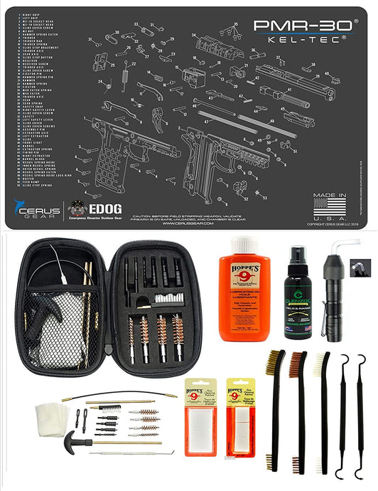 EDOG USA BANDIT 29 Pc Pistol Cleaning System - Compatible with Keltec PMR-30 - Schematic (Exploded View) Mat, Range Warrior Universal .22 9mm - .45 Kit & Clenzoil CLP & Hoppes Gun Oil & Patchs
