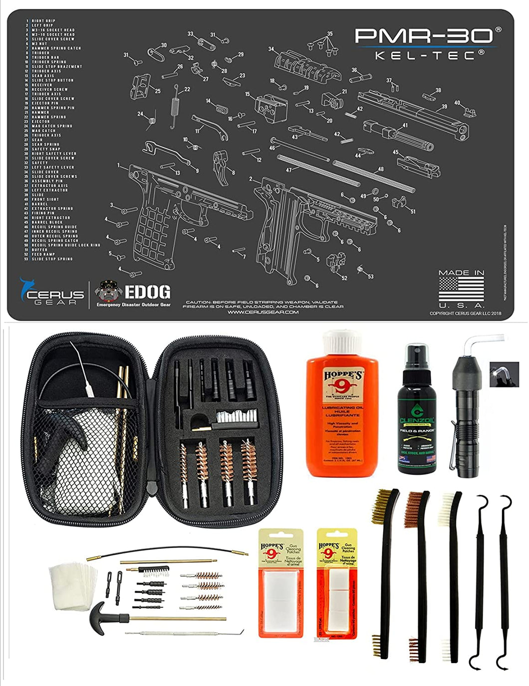 EDOG USA BANDIT 29 Pc Pistol Cleaning System - Compatible with Keltec PMR-30 - Schematic (Exploded View) Mat, Range Warrior Universal .22 9mm - .45 Kit & Clenzoil CLP & Hoppes Gun Oil & Patchs