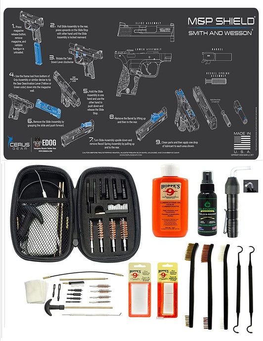 EDOG USA BANDIT 29 Pc Pistol Cleaning System - Compatible with S&W M&P Shield - Instructional Step by Step Pistol Mat, Range Warrior Universal .22 9mm - .45 Kit & Clenzoil CLP & Hoppes Gun Oil & Patchs