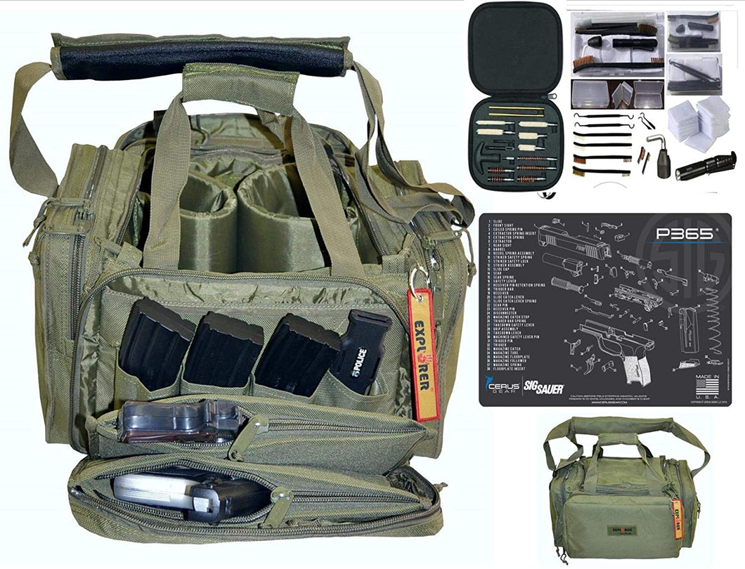 EDOG P 365 Cerus OD Green RangeMaster Ulitmate Range Bag & Gun Cleaning Mat & Pistol & 27 Pc Range | Field | Duty Universal Handgun Cleaning Kit