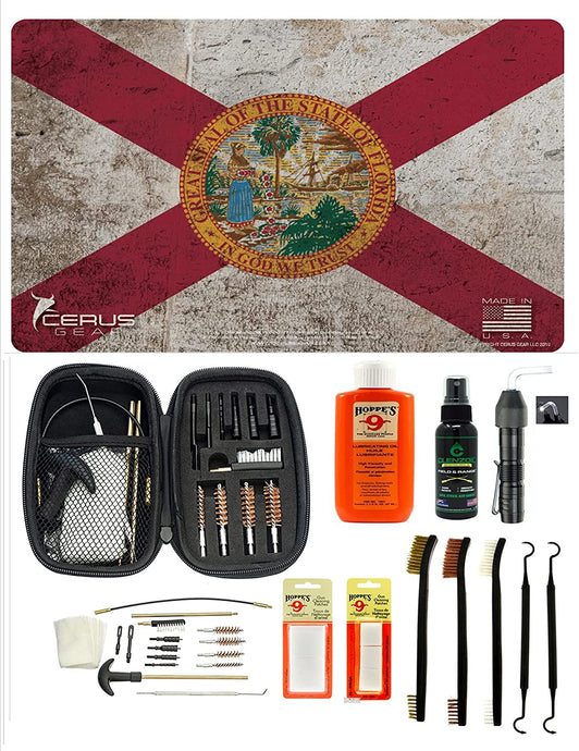EDOG USA BANDIT 29 Pc Pistol Cleaning System - Florida State Flag Handgun Honor & Pride Pistol Mat & Range Warrior .22 .38 .357 9MM .45 Gun Cleaning Kit & 12 PC Tac Book Cleaning Essentials Kit