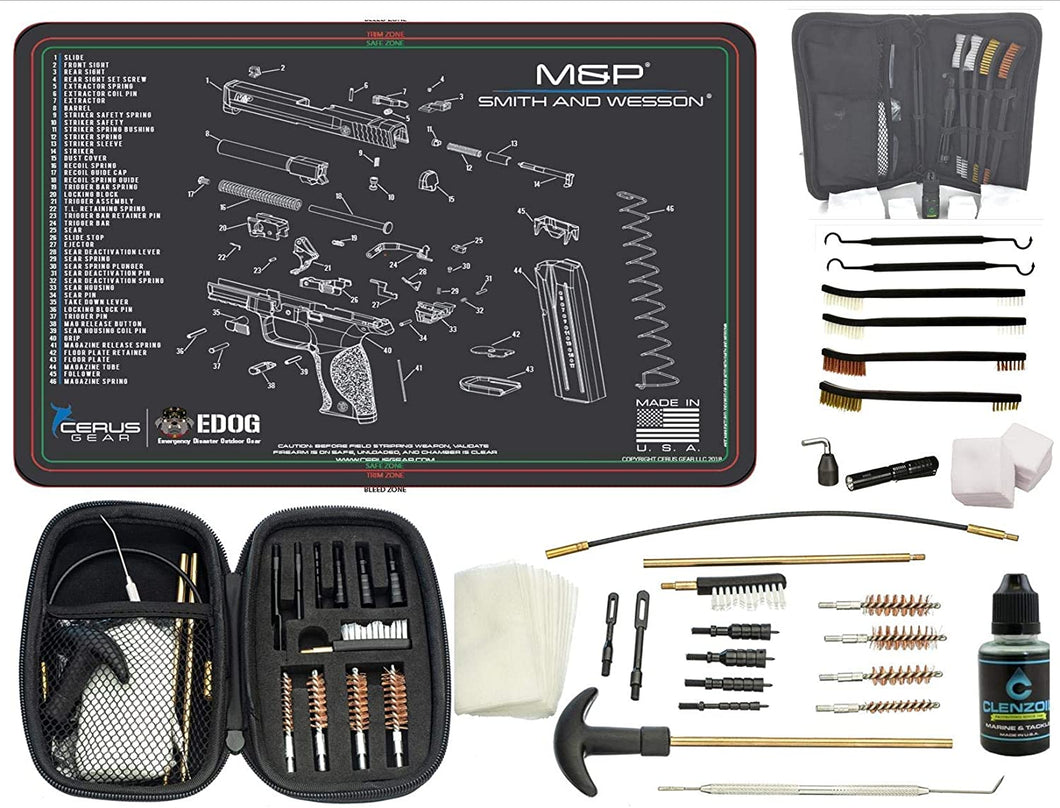 EDOG Premier 30 Pc Gun Cleaning System - Compatible with S&W M&P - Schematic (Exploded View) Mat, Range Warrior Universal .22 9mm - .45 Kit & Tac Book Accessories Set