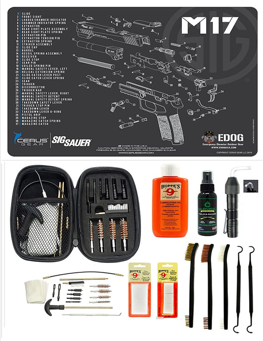 EDOG USA BANDIT 29 Pc Pistol Cleaning System - Compatible with Sig Sauer M17 - Schematic (Exploded View) Mat, Warrior .22 9mm - .45 Kit & Clenzoil CLP & Hoppes Gun Oil & Patchs