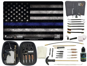EDOG Premier 30 Pc Gun Cleaning System - Thin Blue Line Law Enforcement Handgun Honor & Pride Pistol Mat & Range Warrior .22 .38 .357 9MM .45 Gun Cleaning Kit & 12 PC Tac Book Cleaning Essentials Kit
